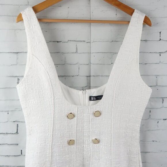 ZARA WHITE TWEED SLEEVELESS PLUNGING NECKLINE 4 BUTTON MINI DRESS SIZE MEDIUM - Picture 5 of 12